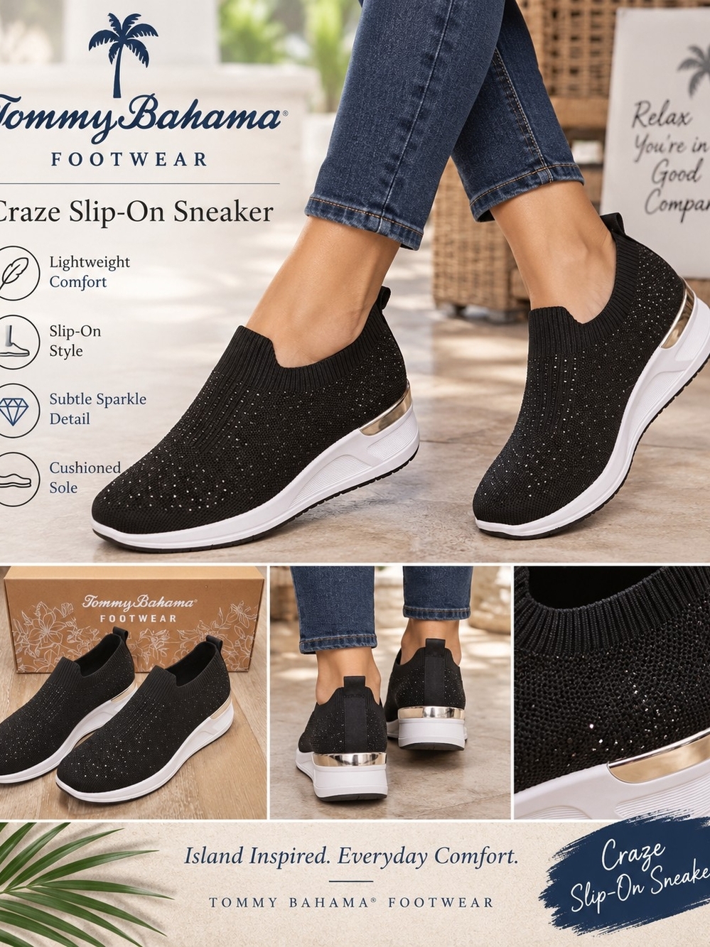Tommy Bahama Black Slip-On Sneaker with Silver Heel Accent Size 6.5